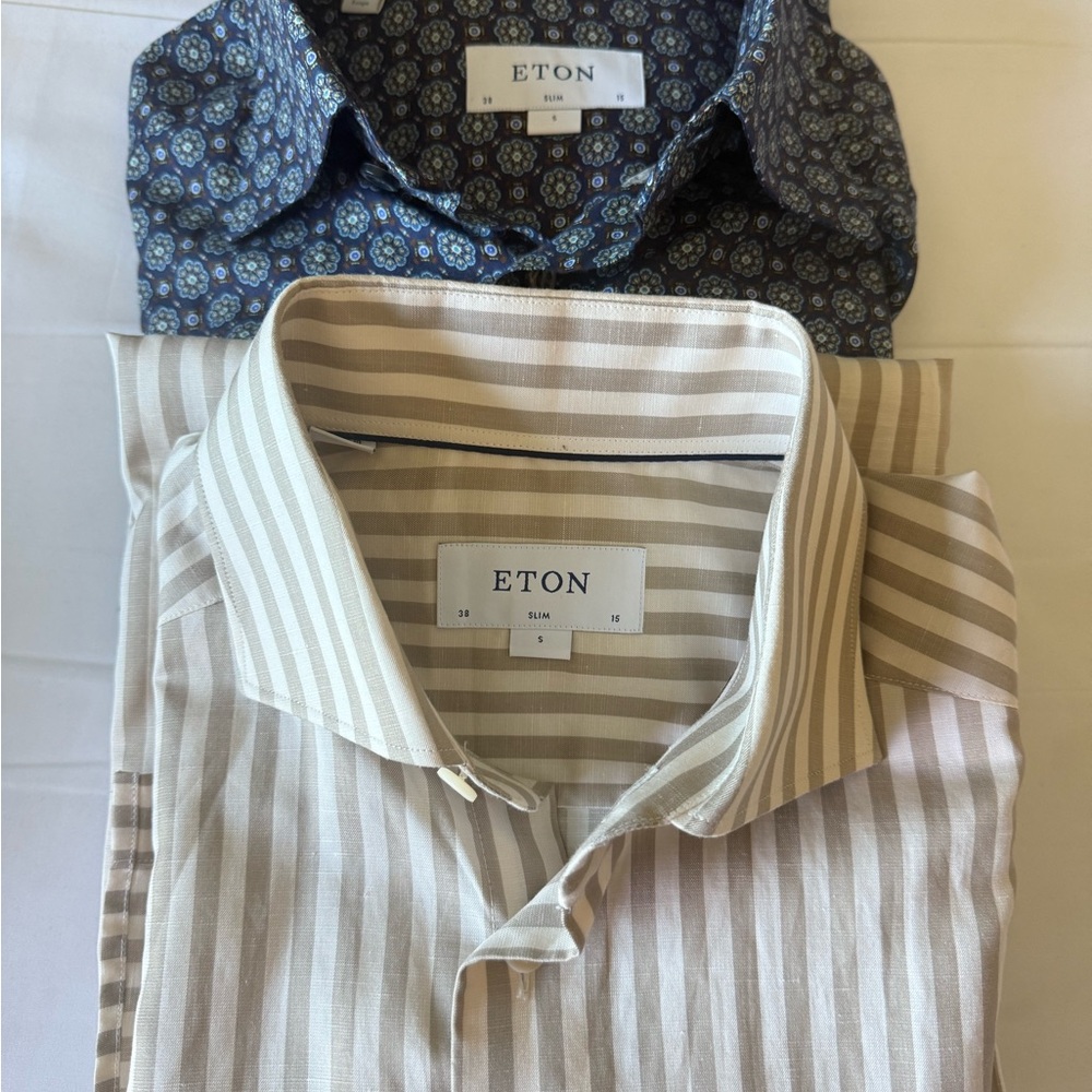 Eton Men's Beige Striped and Blue Patterned Dress Shirts